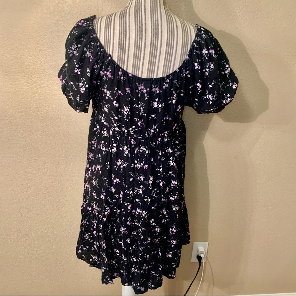 Wild Fable Boho Dress Medium Black Floral Purple Green Flowy Puff Sleeves - Picture 8 of 16